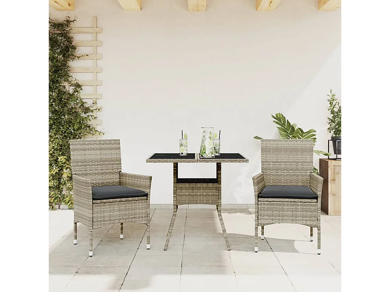 3 pcs conjunto jantar jardim c/ almofadões PE/vidro cinza claro