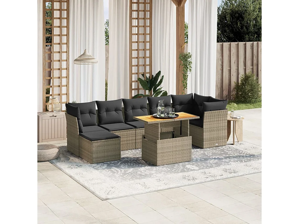 8-tlg. Garten-Sofagarnitur mit Kissen Grau Poly Rattan