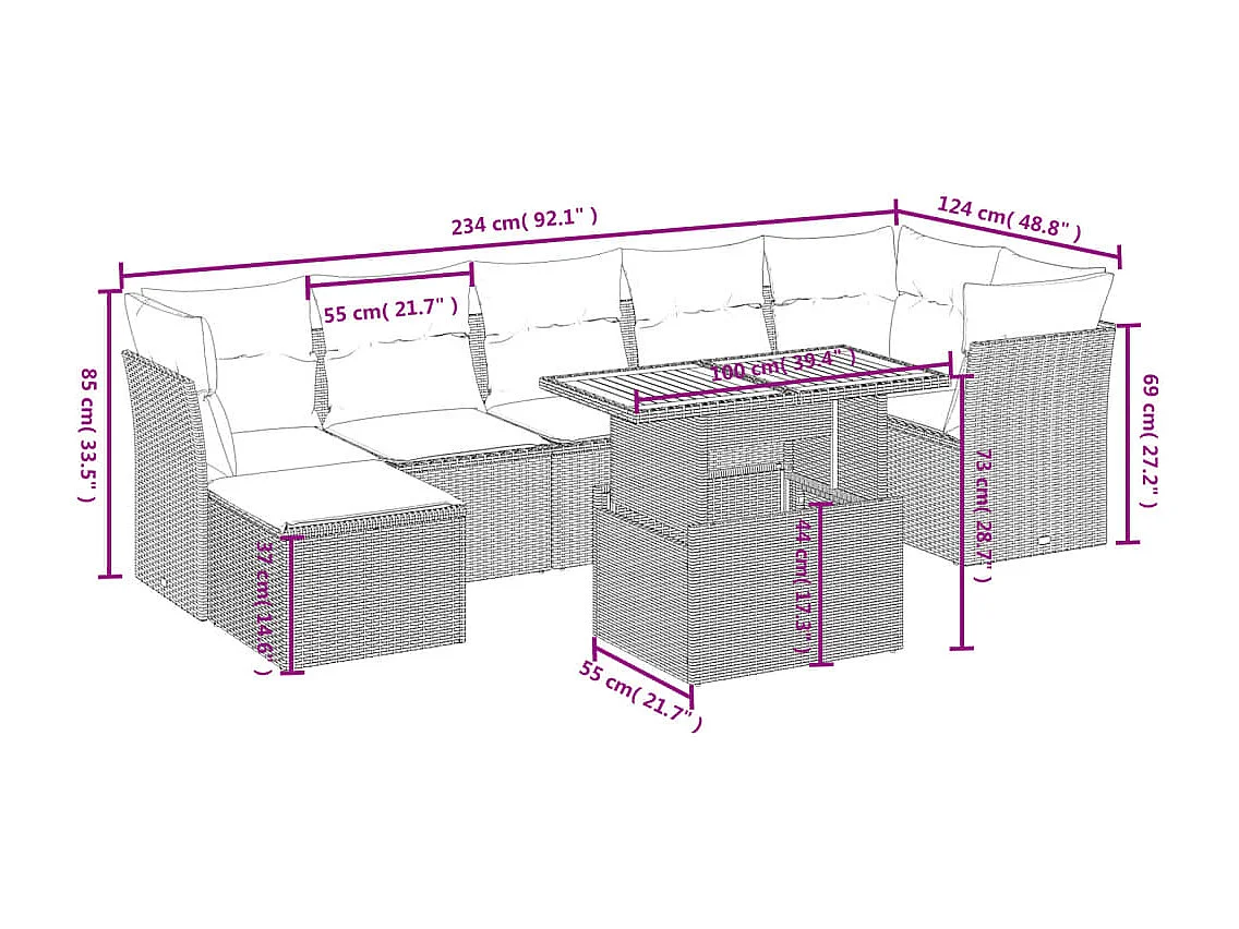 8-tlg. Garten-Sofagarnitur mit Kissen Grau Poly Rattan