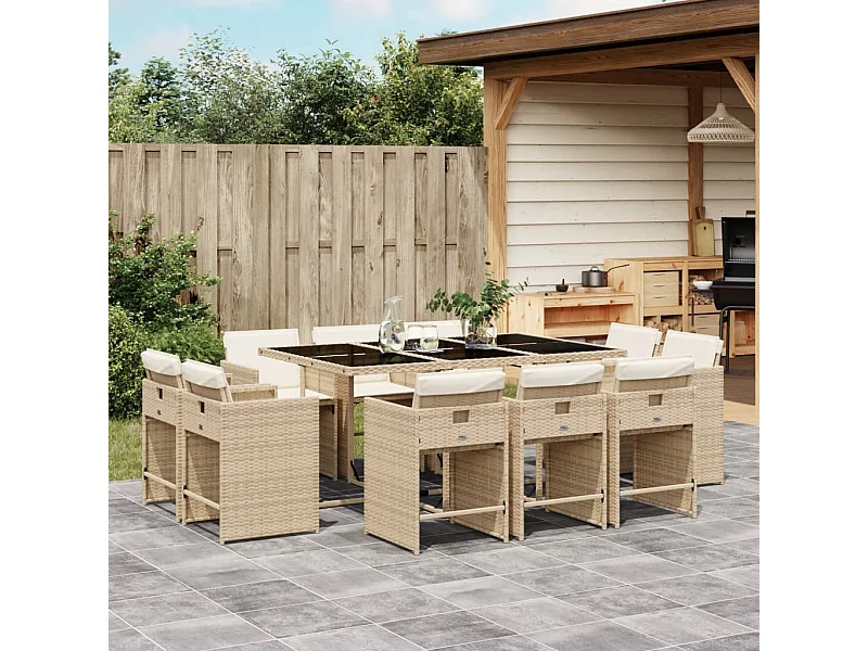 Ensemble à manger de jardin et coussins 11 pcs beige poly rotin