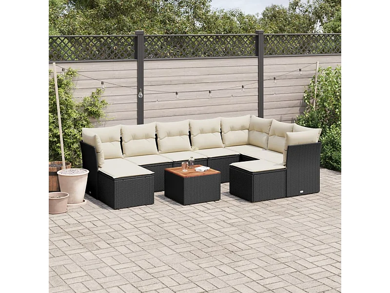 10 pcs conjunto sofás de jardim c/ almofadões vime PE preto