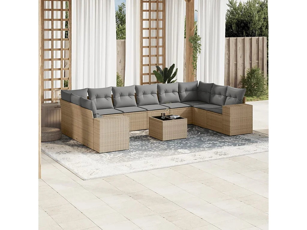 Salon de jardin 11 pcs avec coussins beige résine tressée