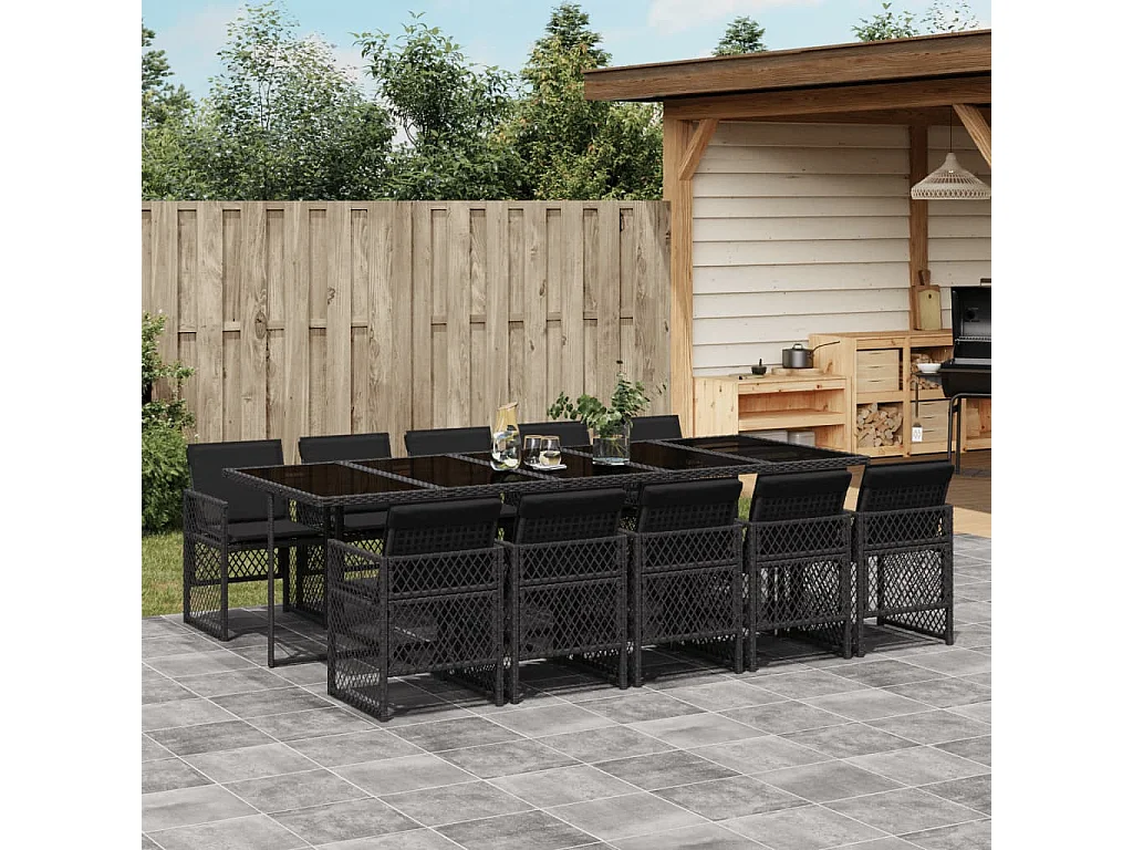 Ensemble à manger de jardin 11 pcs coussins noir résine tressée