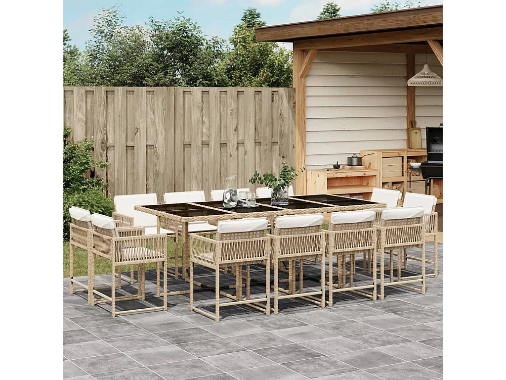 Set da Pranzo da Giardino 13 pz con Cuscini Beige in Polyrattan