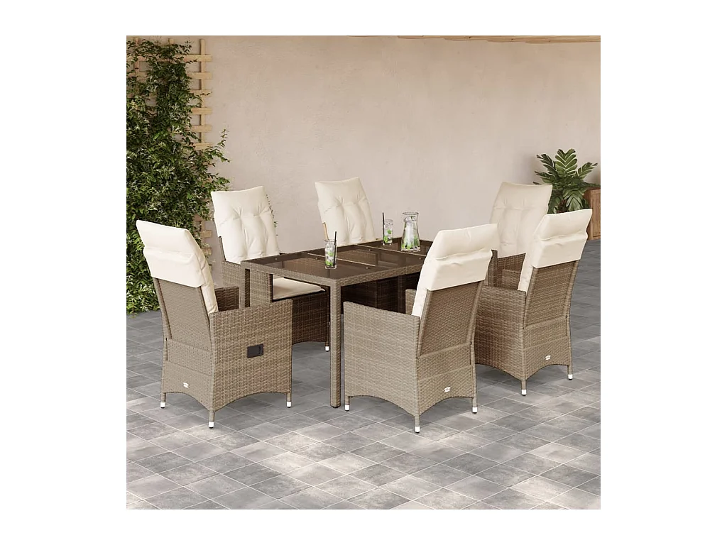 Set da Pranzo da Giardino 7 pz con Cuscini Beige in Polyrattan