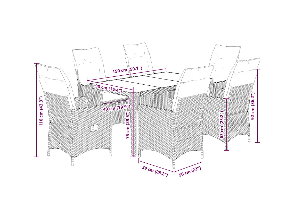 Ensemble à manger de jardin et coussins 7 pcs beige poly rotin