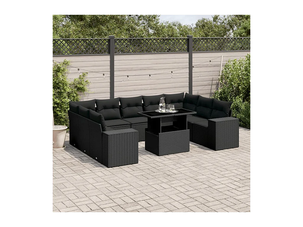 Salon de jardin 10 pcs avec coussins noir résine tressée