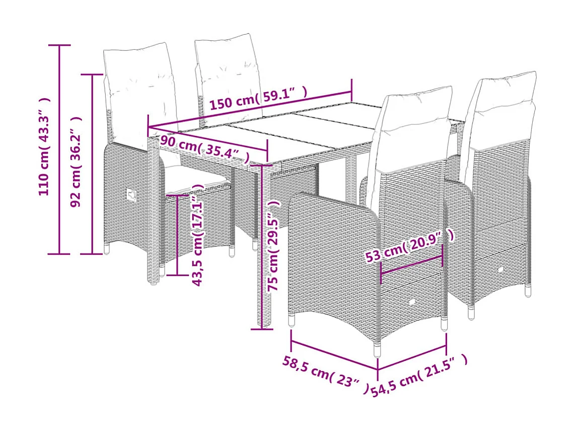 Ensemble de bistro de jardin 5 pcs coussins marron poly rotin