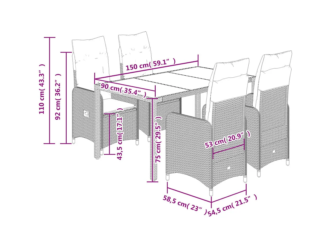 5-delige Bistroset met kussens poly rattan bruin