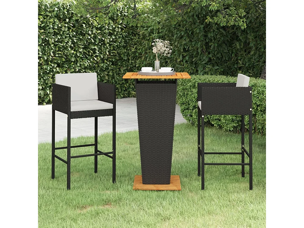 3-tlg. Gartenbar-Set mit Kissen Poly Rattan Schwarz
