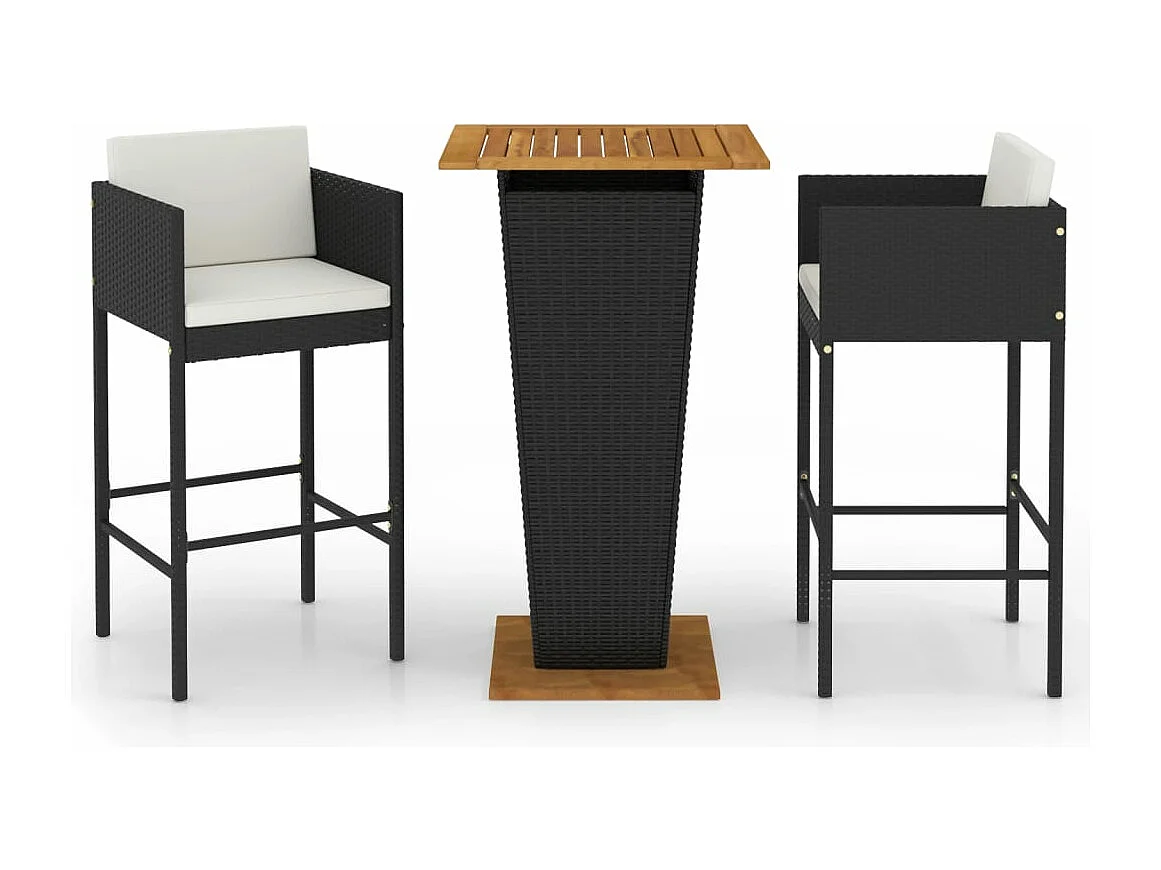 3-tlg. Gartenbar-Set mit Kissen Poly Rattan Schwarz