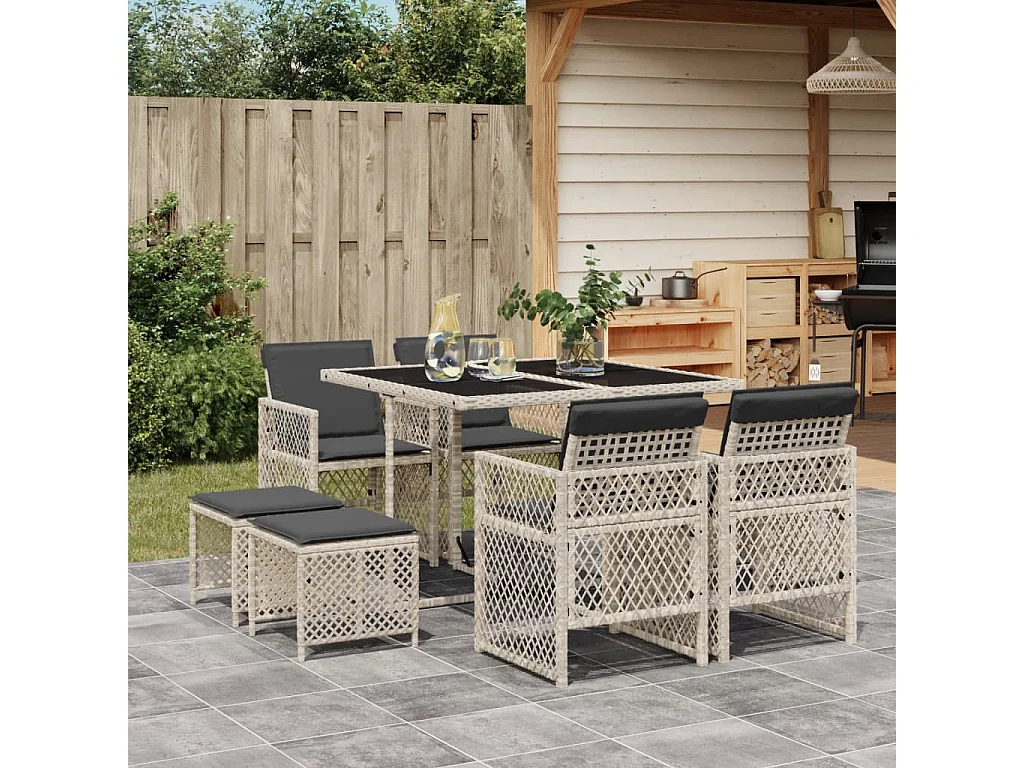 Ensemble à manger de jardin et coussins 9 pcs gris clair rotin