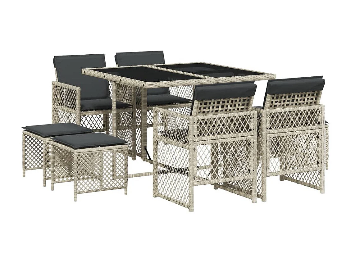 9-tlg. Garten-Essgruppe mit Kissen Hellgrau Poly Rattan