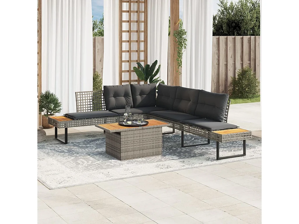 Salon de jardin avec coussins 5 pcs gris résine tressée acacia