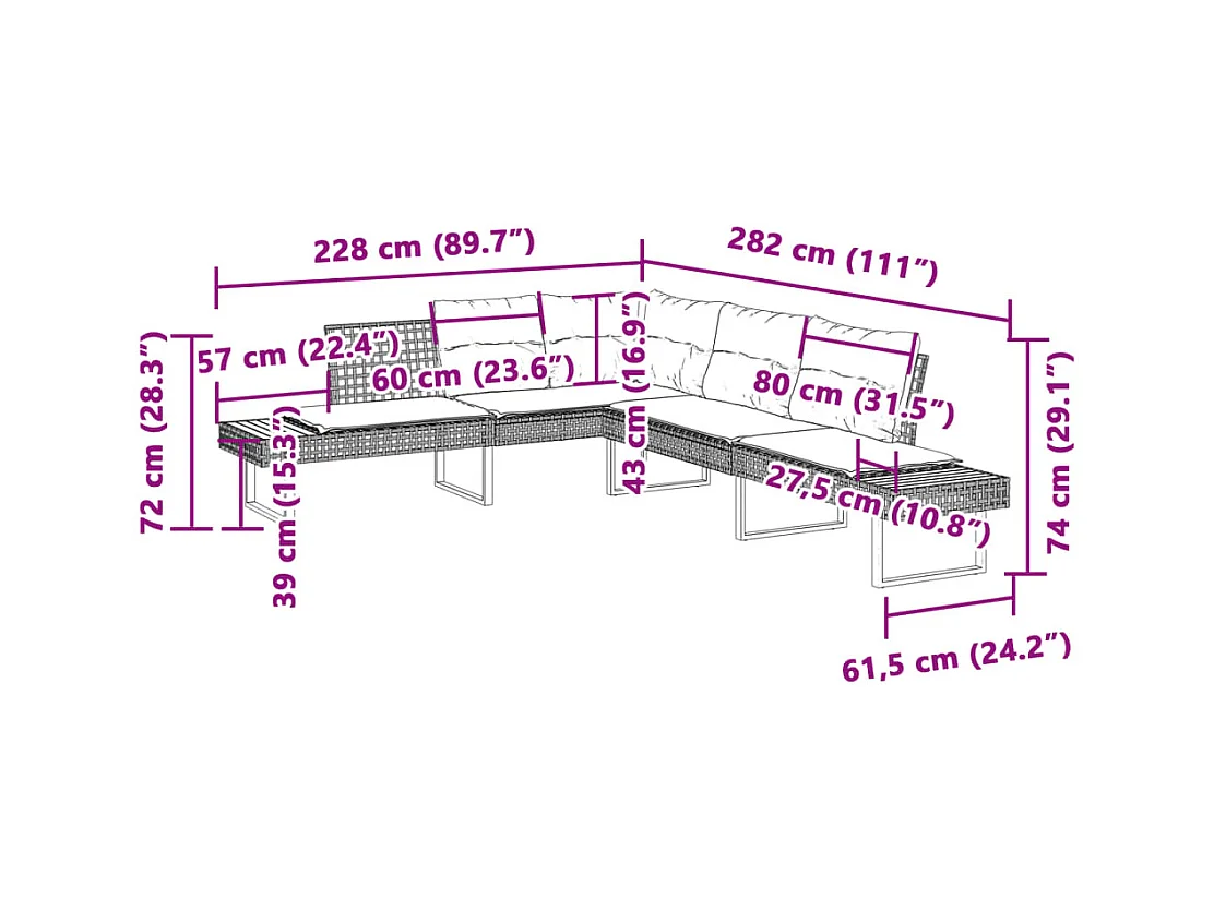 2-delige Loungeset met kussens poly rattan en acaciahout grijs