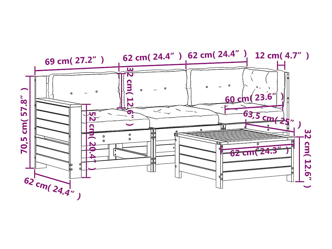 4-tlg. Garten-Lounge-Set mit Kissen Massivholz Kiefer
