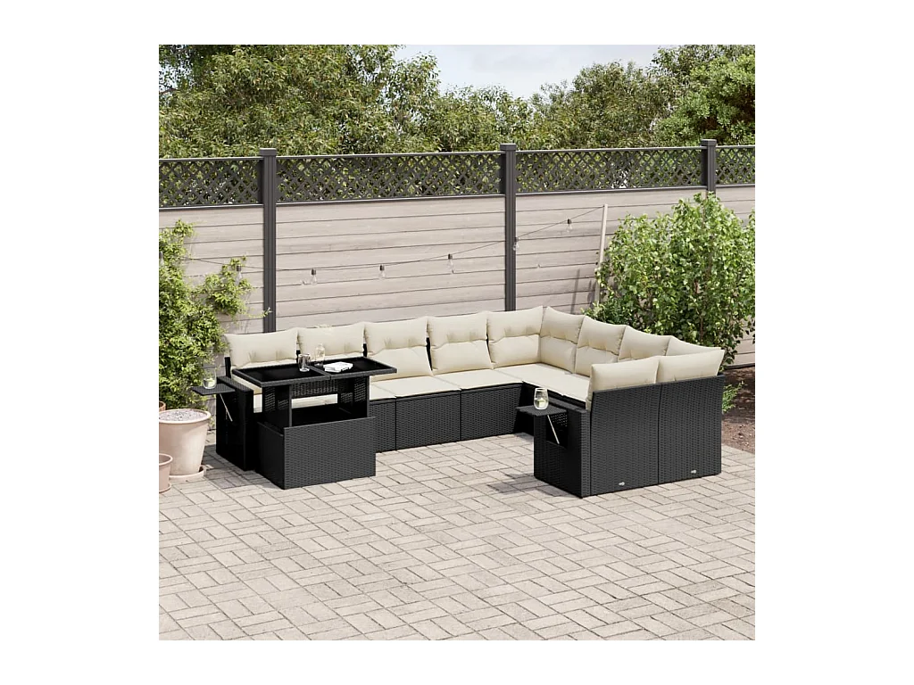 Set Divani da Giardino 10pz con Cuscini in Polyrattan Nero