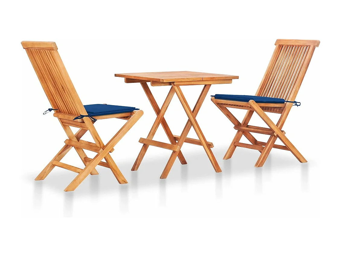 Ensemble de bistro 3 pcs avec coussins bleu royal Bois de teck