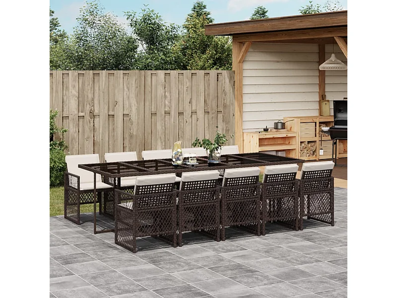 Set da Pranzo da Giardino 11 pz con Cuscini Polyrattan Marrone