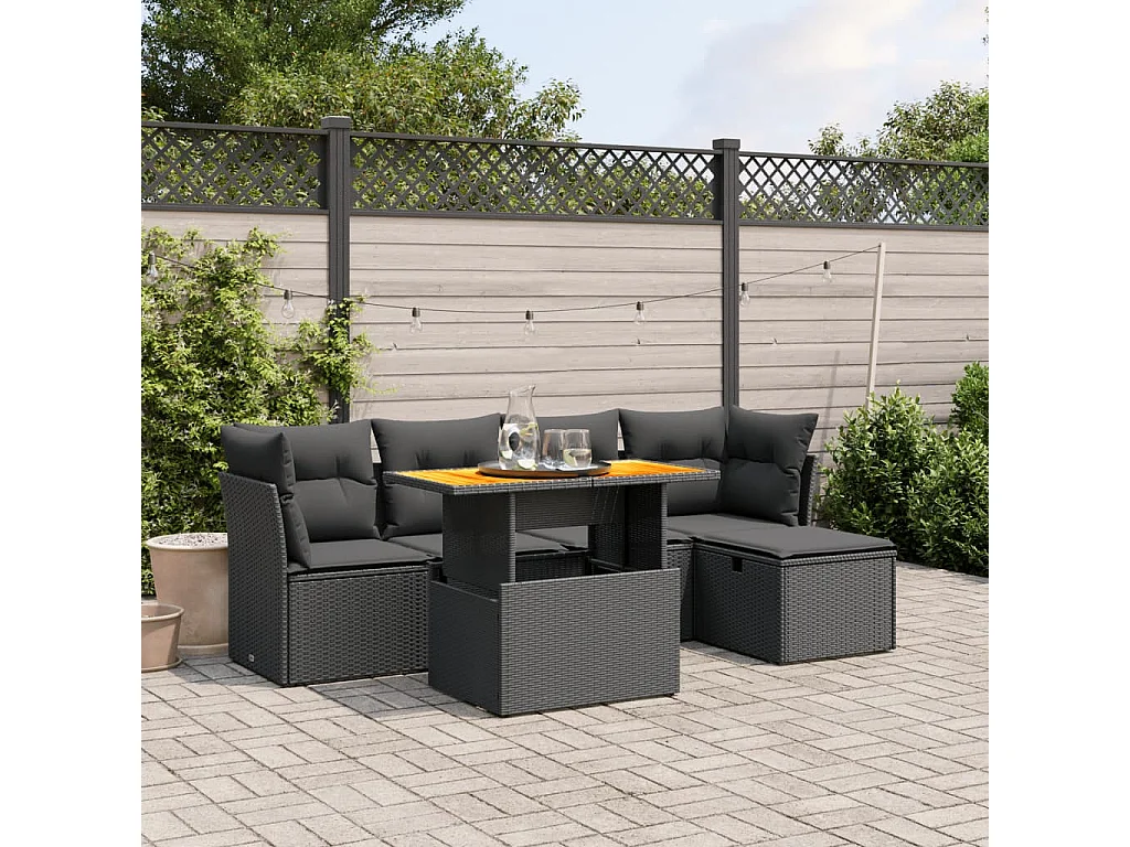 Set Divano da Giardino 6 pz con Cuscini Nero in Polyrattan