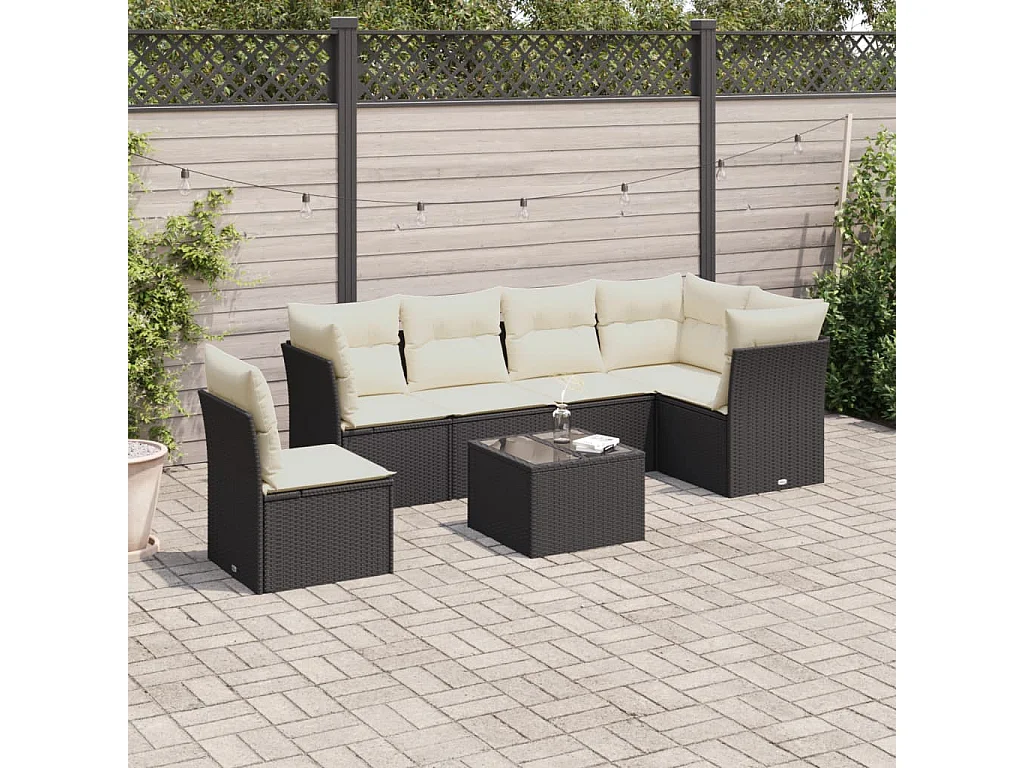 Set de comedor de jardín 7 pzas y cojines ratán sintético negro