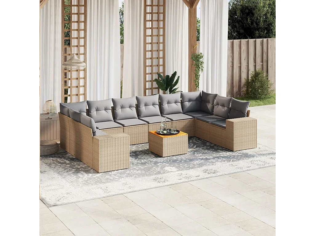 Salon de jardin 11 pcs avec coussins beige résine tressée
