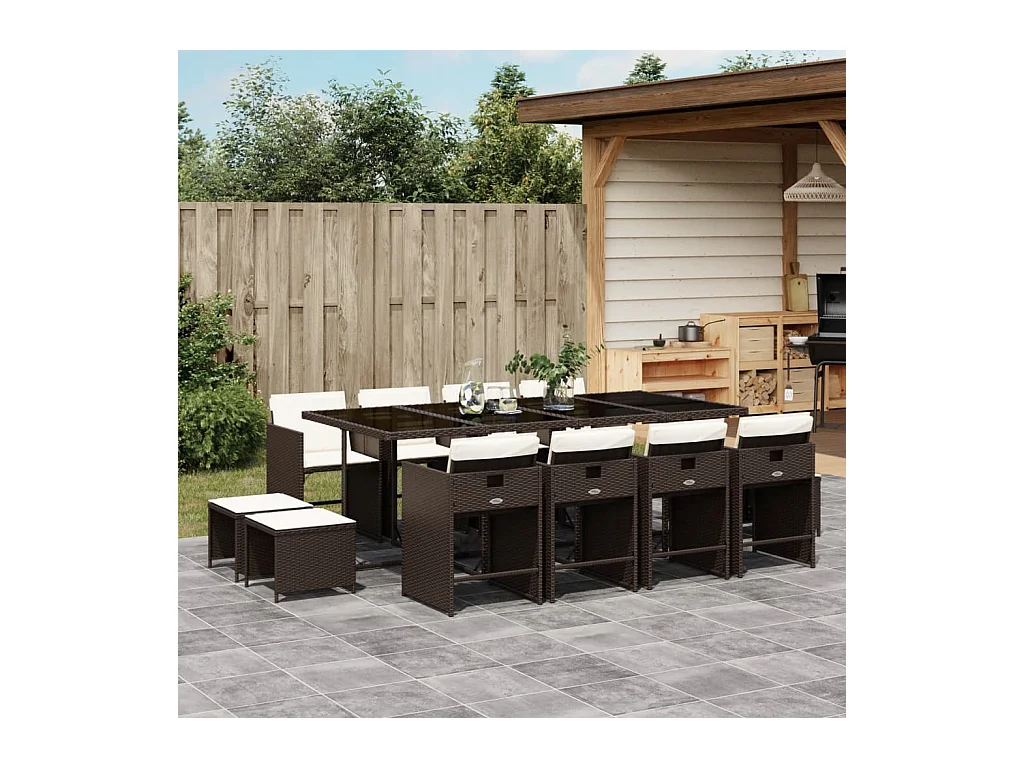 Ensemble à manger de jardin avec coussins 13 pcs marron rotin