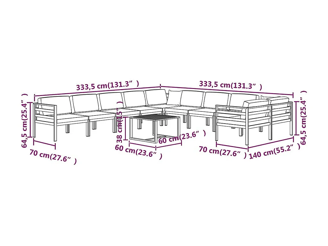 11 pcs conjunto lounge jardim com almofadões alumínio antracite
