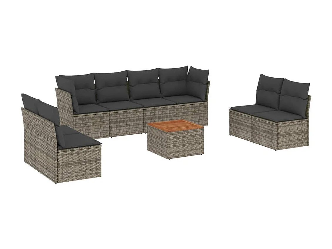 Set Divano da Giardino 9 pz con Cuscini Grigio in Polyrattan