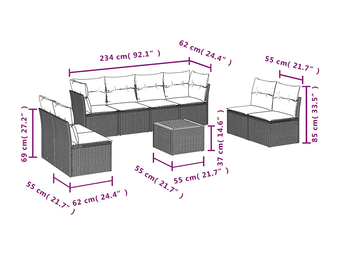 Set Divano da Giardino 9 pz con Cuscini Grigio in Polyrattan