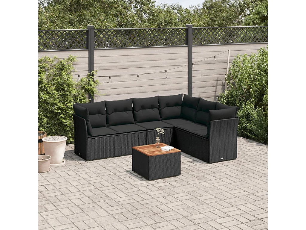 Salon de jardin 7 pcs avec coussins noir résine tressée