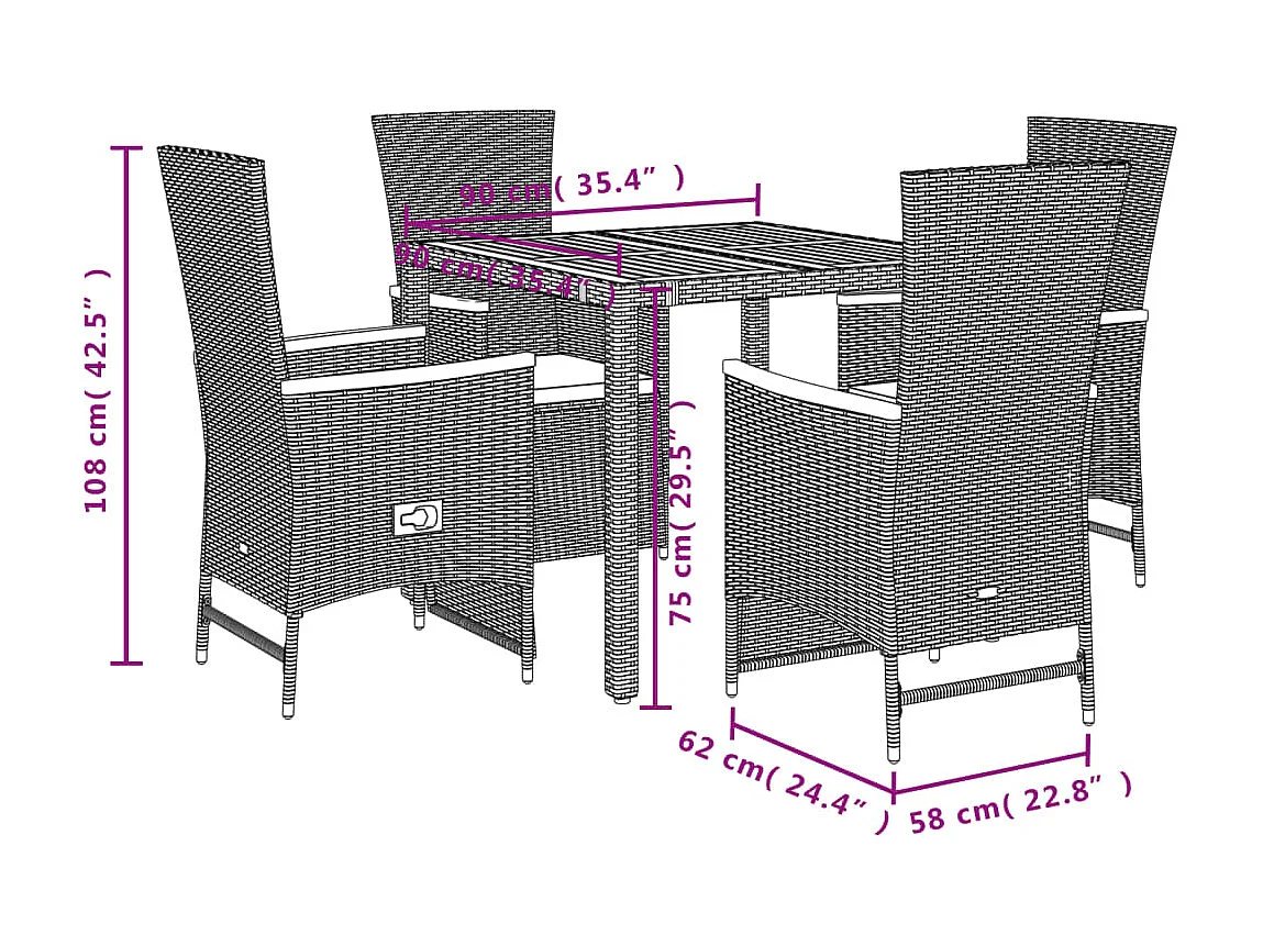 5-tlg. Garten-Essgruppe mit Kissen Schwarz Poly Rattan