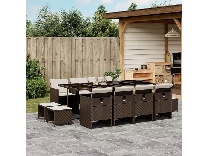 Ensemble à manger de jardin avec coussins 13 pcs marron rotin
