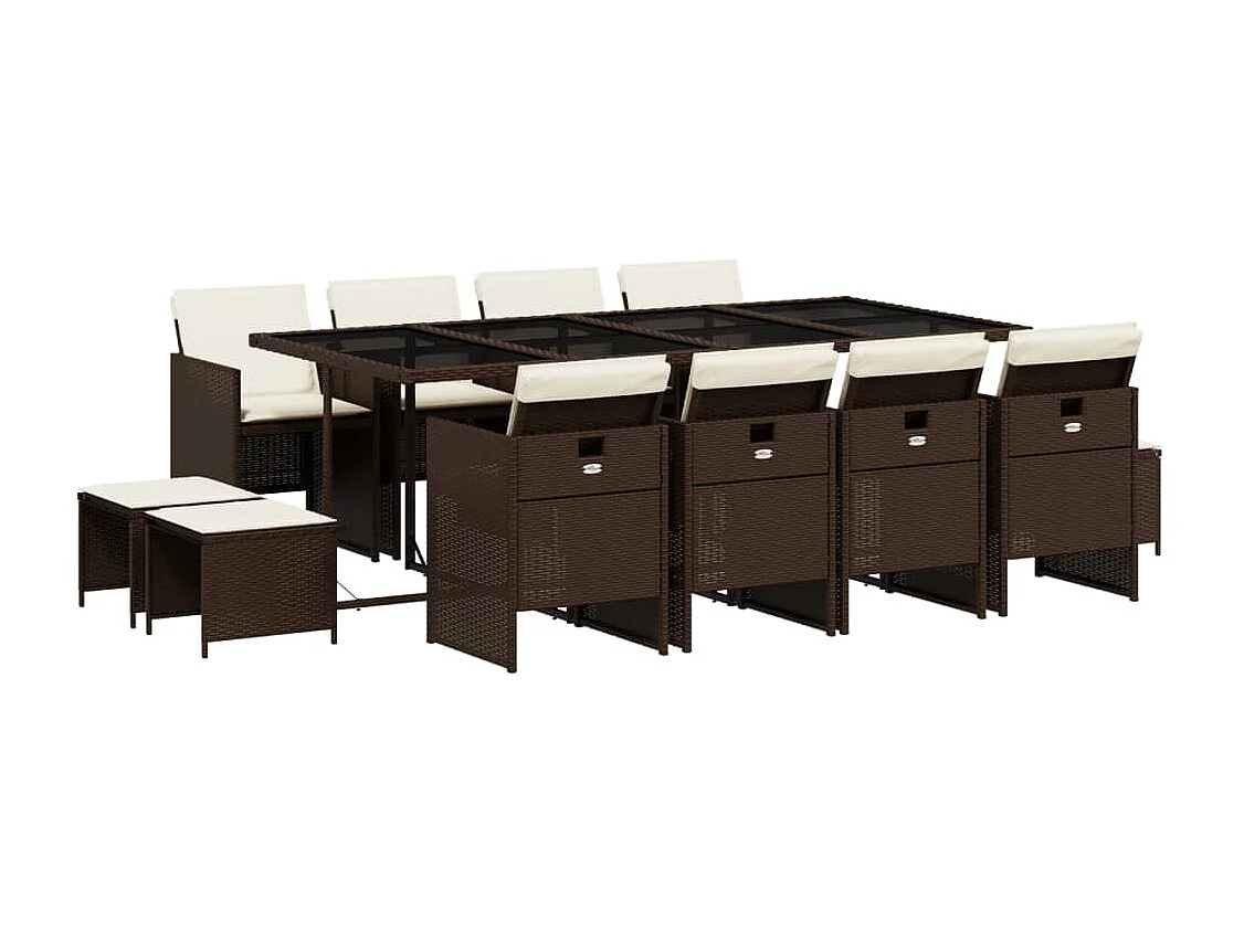 13 pcs conjunto jantar p/ jardim c/ almofadões vime PE castanho