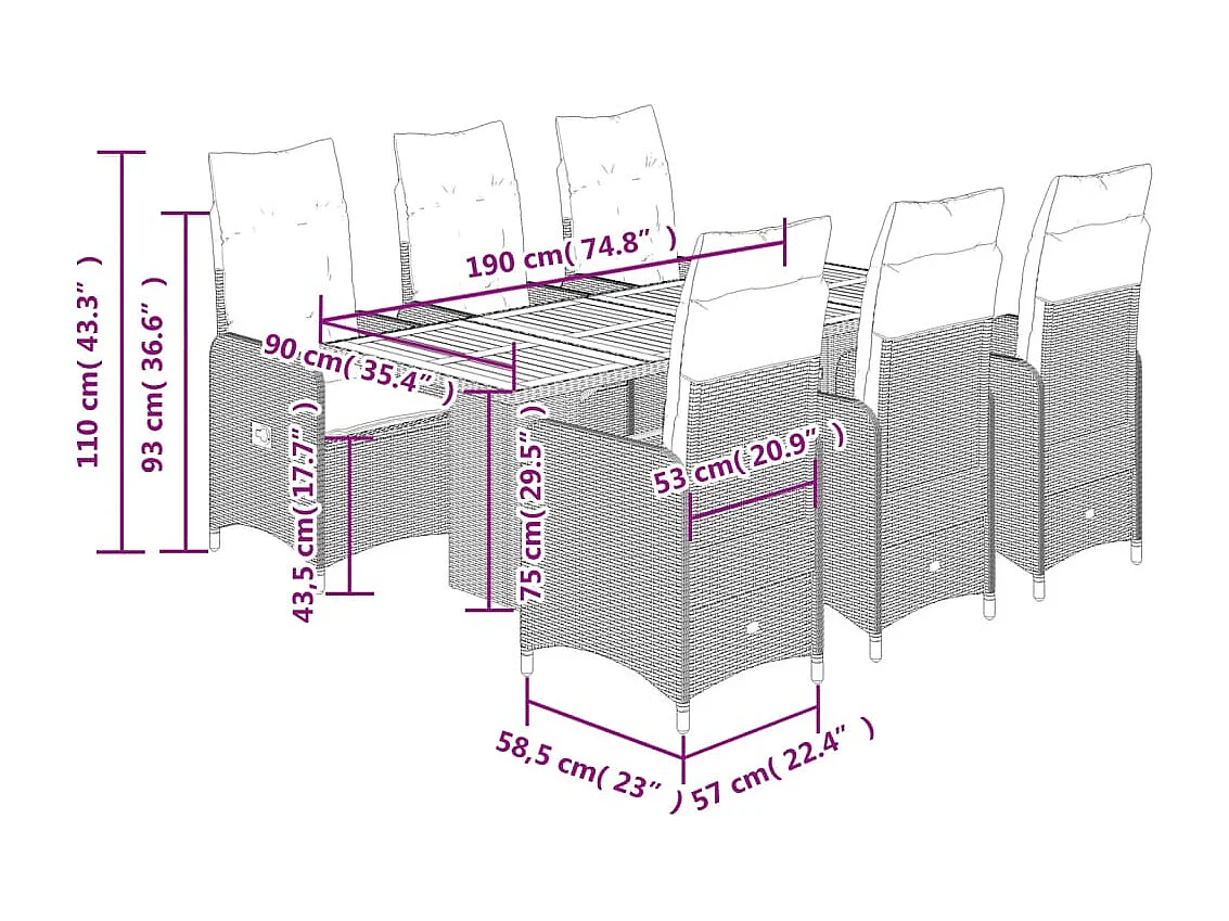 Set de mesa y sillas de jardín 7 pzas y cojines ratán PE negro