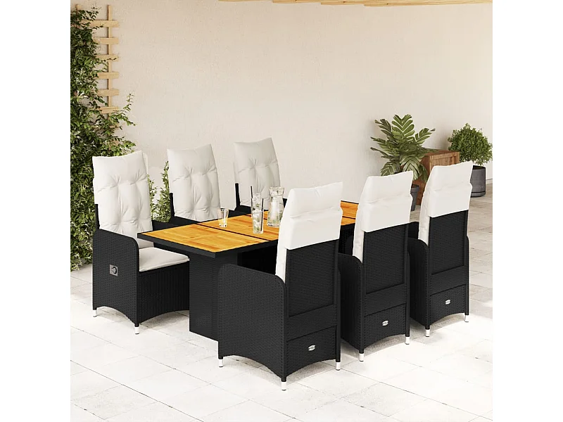 Set de mesa y sillas de jardín 7 pzas y cojines ratán PE negro