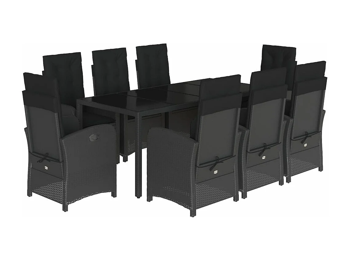 9 pcs conjunto de jantar p/ jardim c/ almofadões vime PE preto