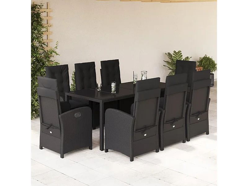 9 pcs conjunto de jantar p/ jardim c/ almofadões vime PE preto