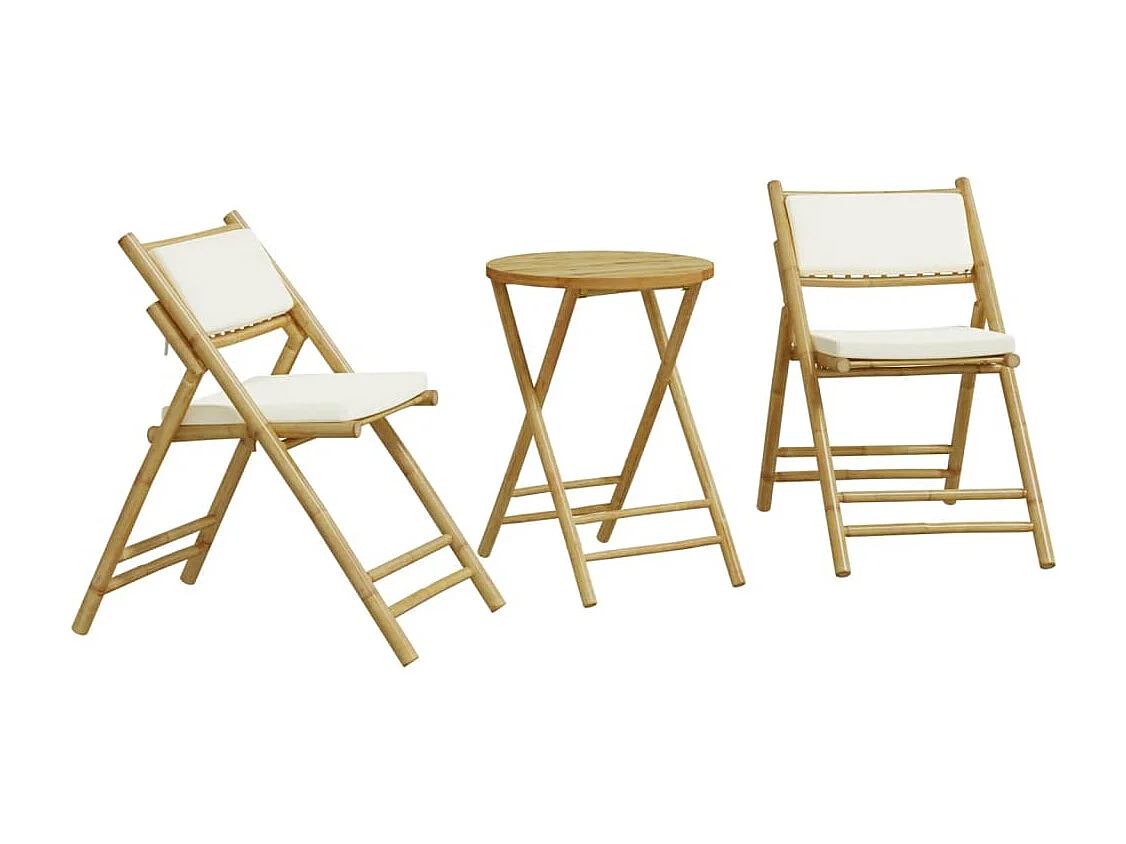 Ensemble de bistro pliante 3 pcs et coussins blanc crème bambou