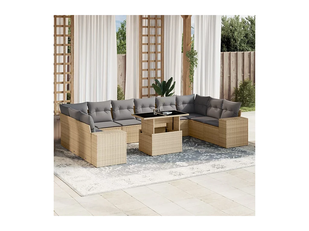 Salon de jardin 11 pcs avec coussins beige résine tressée