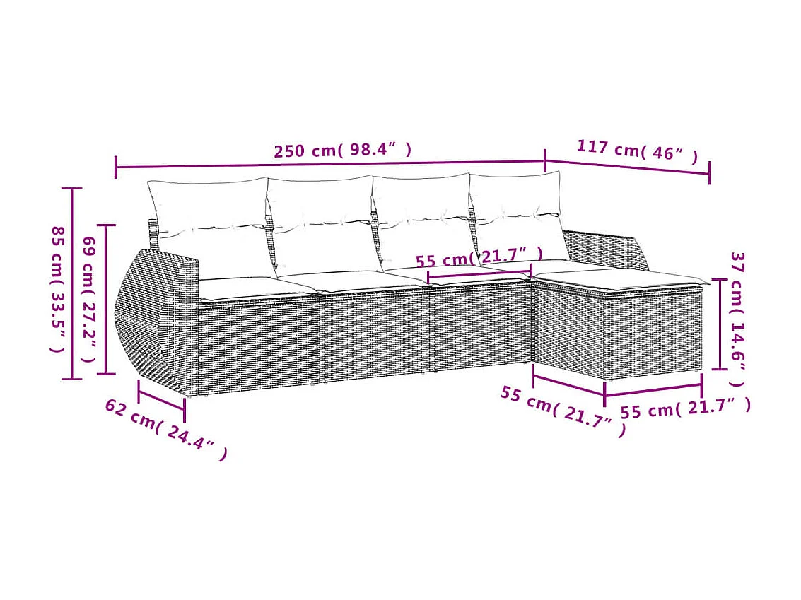 5 pcs conj. sofás jardim c/ almofadões vime PE cinzento-claro