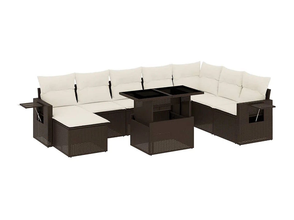 Salon de jardin avec coussins 9 pcs marron résine tressée