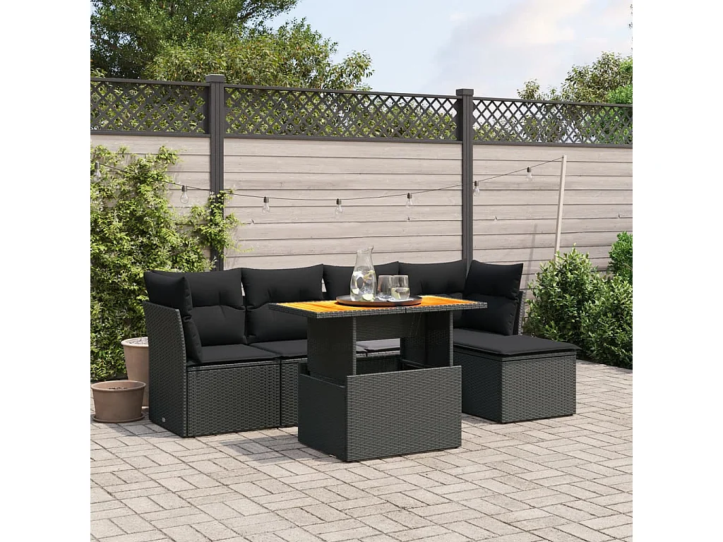 6-tlg. Garten-Sofagarnitur mit Kissen Schwarz Poly Rattan