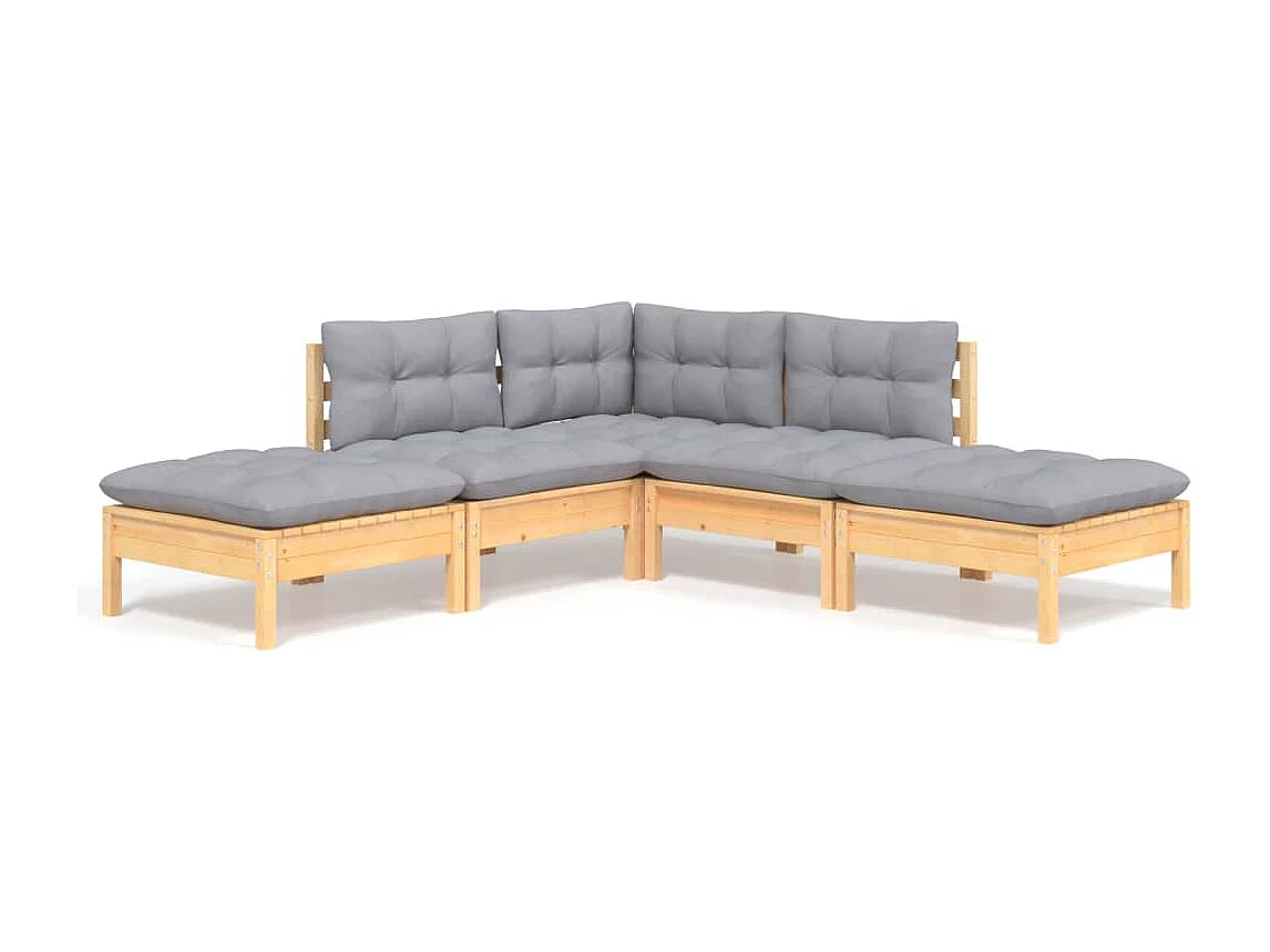 5-tlg. Garten-Lounge-Set mit Grauen Kissen Kiefernholz
