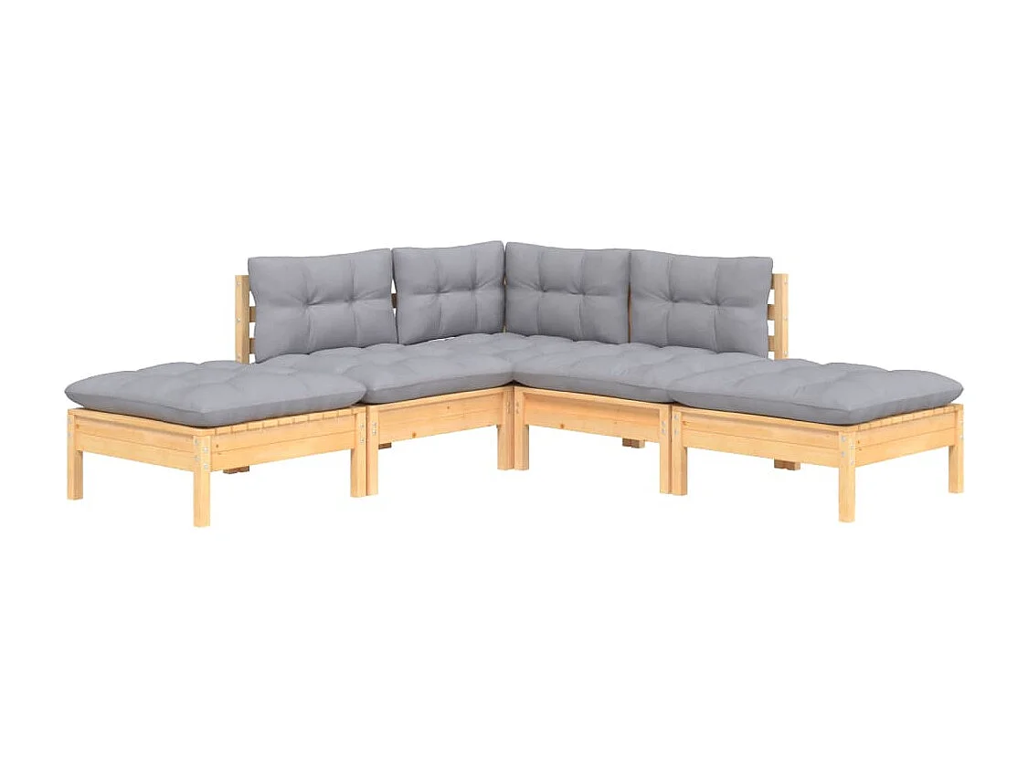 5-tlg. Garten-Lounge-Set mit Grauen Kissen Kiefernholz