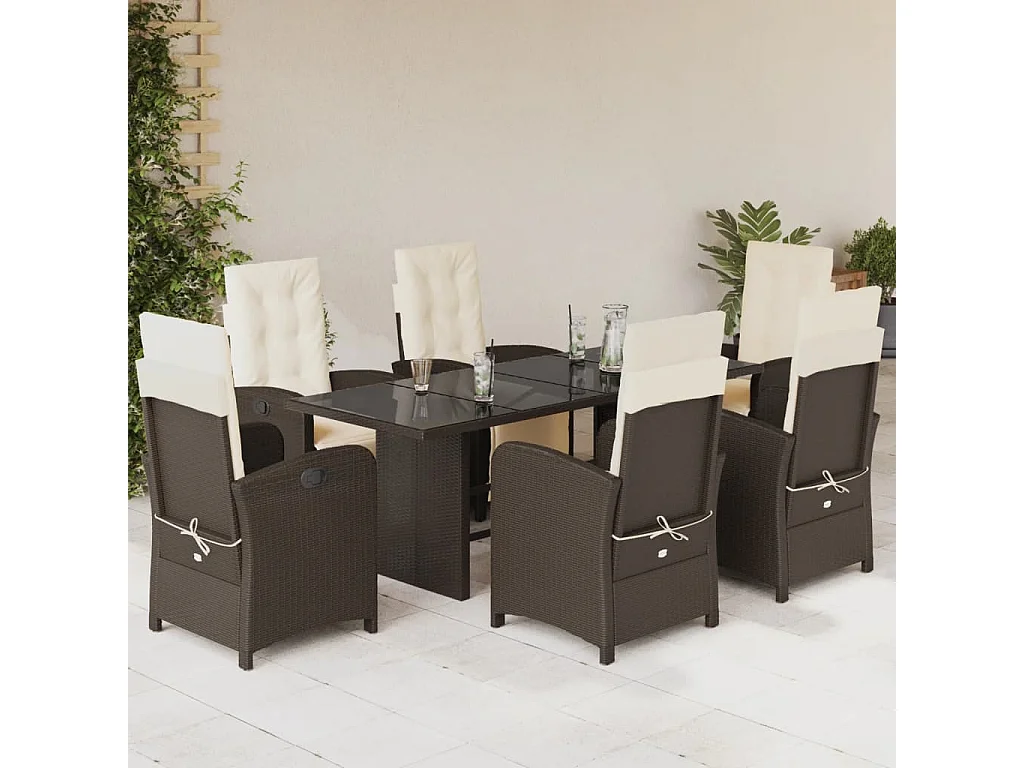 Ensemble à manger de jardin et coussins 7 pcs marron rotin