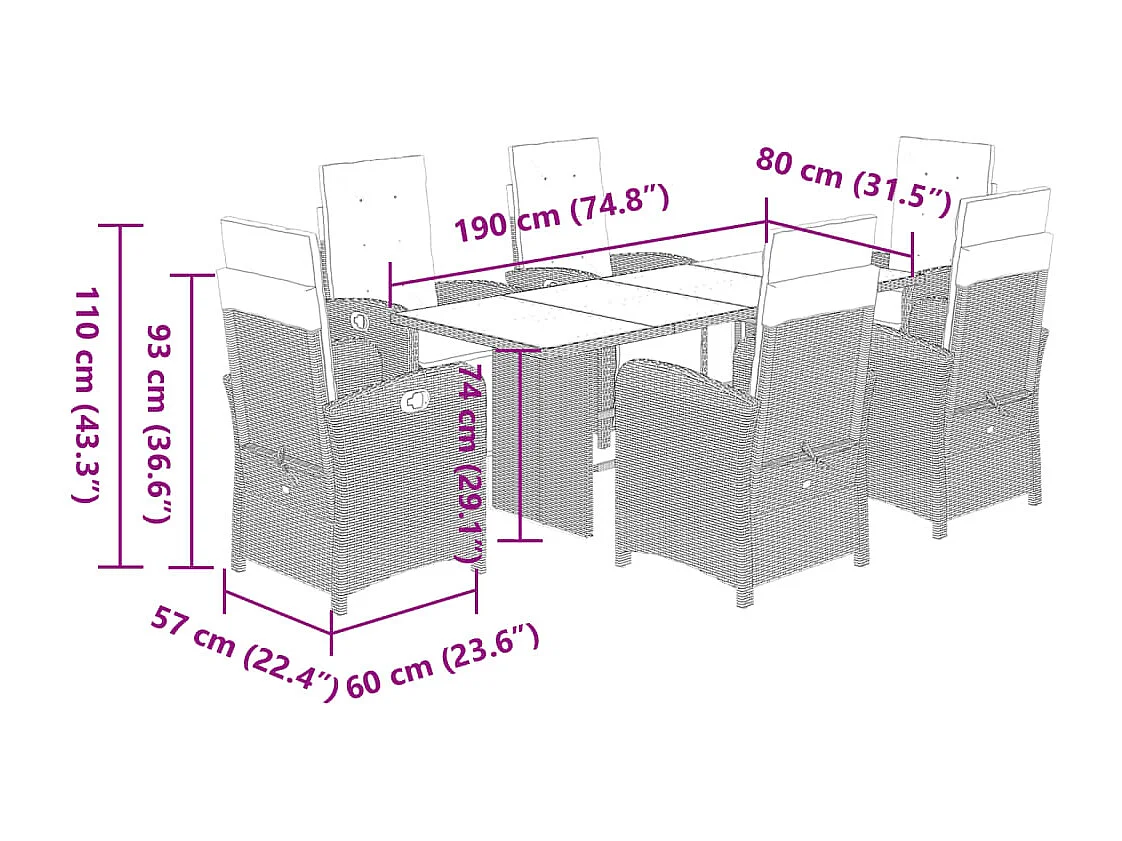 Ensemble à manger de jardin et coussins 7 pcs marron rotin
