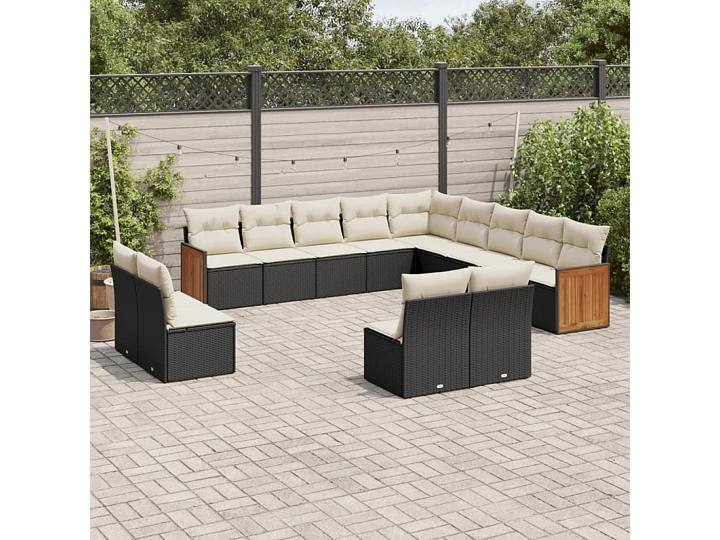 Salon de jardin avec coussins 13 pcs noir résine tressée