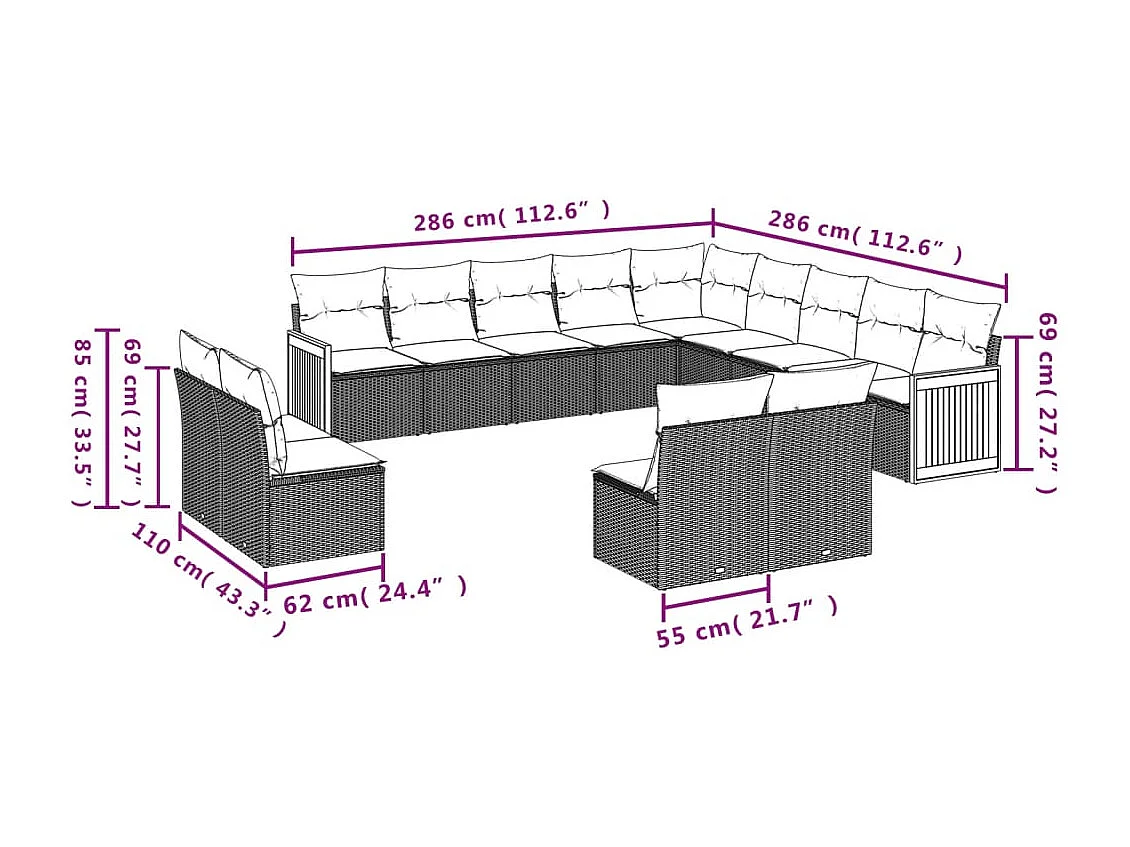 Salon de jardin avec coussins 13 pcs noir résine tressée