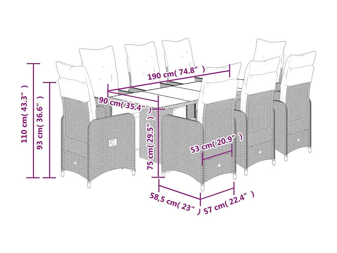 Ensemble de bistro de jardin 9 pcs coussins marron poly rotin